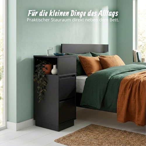 Nachttisch, 2er Set, 2 Schubladen, 1 offenes Fach, HxBxT: 64 x 24 x 30 cm, Schlafzimmer, Nachtschrank, schwarz