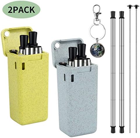 2-Pack Collapsible Reusable Straws, Daletu Stainless Steel Silicone Metal Drinking Straw, Portable Folding Straws with Hard Case and Cleaning Brush Keychain (Yellow +Blue)