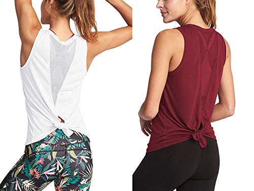 ADOLPH Women's Sexy Open Back Cute Mesh Yoga Workout Sports Shirts Activewear Tank Tops(Wine Red and White,XL)