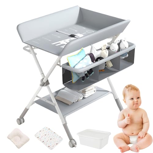 Cambiador para Bebe, Gris Multifuncional con Altura Ajustable, Mueble Cambiador para Bebe, Plegable con Ruedas, Cómoda Cambiador para Bebe, 3 Alturas Ajustables, con Barra Secar Ropa, Canasta Almacenamiento, Ruedas silenciosas universales