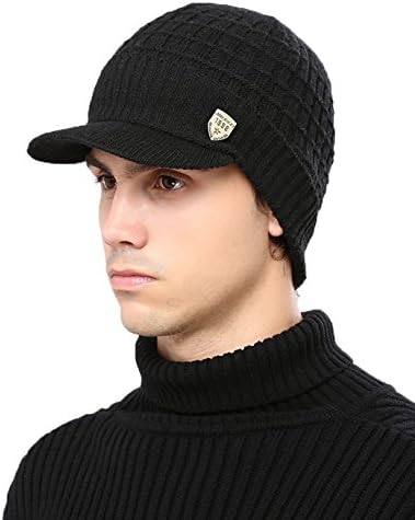 Headshion Mens Knit Beanie Hat With Visor Brim, Winter Baseball Cap With Fleece Lined newsboy Skull Ski Cap