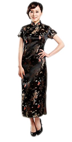 JTC Women Short Sleeve Chinese Dress Dragon and Phoenix Black