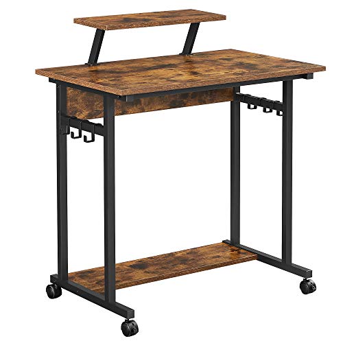 VASAGLE Mobile Computer Writing Desk, with Monitor Stand, 6 Hooks, for
