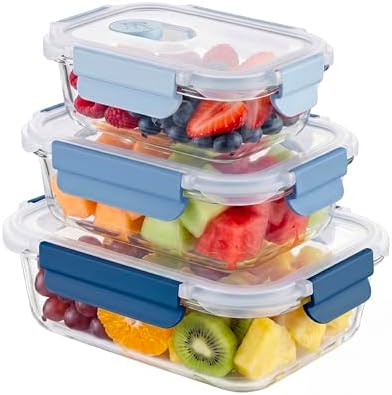 - Set di 3 Contenitori Ermetici in Vetro - 370ml, 640ml, 1050ml - Trasparente - Coperchio in Polipropilene - Adatti per Conservare, Trasportare e Riscaldare Alimenti - Mod. 700