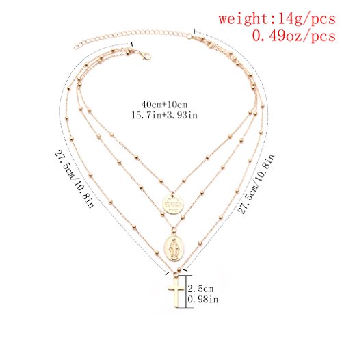 Dolland Bohemian Retro Carved Coin Bullion Virgin Mary Cross Pendant Clavicle Necklace Multi-Layer Bead Chain Necklace,Gold Coin