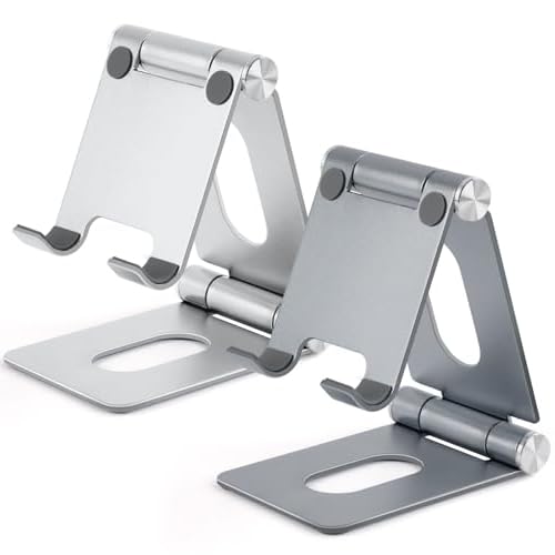 flintronic 2 Pack Folding Phone Stand for Desk, Aluminum Mobile Phone Holder, Foldable & Adjustable, Compatible with iPhone 15/14/13/12, HUAWEI, iPad mini, All Smartphones - Black+Silver