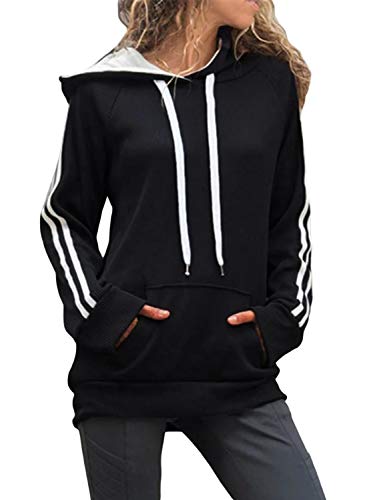 FIYOTE Women Casual Long Sleeve Lightweight Drawstring Hooded Sweatshirt Blouses Small Size Black