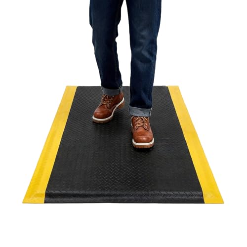 GOOFCXO 3ft x 5ft Anti Fatigue Mat, 15/16" Thick Industrial Grade Anti-Fatigue Floor Mat, Heavy Duty Diamond Plate Ergonomic Standing Mat for Kitchen Office Gym, Black with Yellow Border