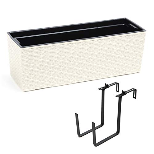 botle Balkonkasten Pflanzkasten Blumenkasten Wasserspeicher Kunststoff Geländerkasten Flexible Metallhalterung pulverbeschichtet 56 x 18,5 x 19,5 cm 3 Oberflächendesign 5 Farben (Beige, Rattanoptik)