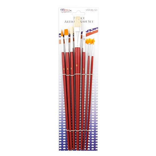 US Art Supply 7-Piece Long Handle Nylon Hair & Bristle Artist Paint Brush Variety Set Red Handle