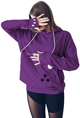 Kingdilor Women's Ear Big Kangaroo Pouch Hoodie Long Sleeve Pet Cat Dog Holder Carrier Casual Sweatshirt S-4XL (S, Purple)