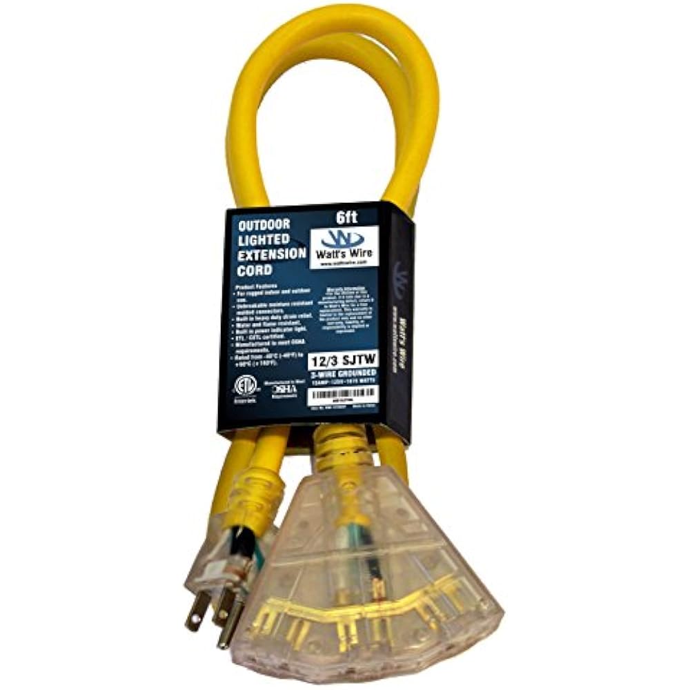 6ft 12/3 Heavy Duty 3Outlet Lighted SJTW Indoor/Outdoor Extension Cord By Wire 644558480275 eBay