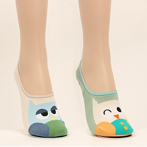 WOWFOOT Women Animal Design No-Show Casual Liner Socks Character Print Non Slip Flat Boat 4 Pair (5pair-owl) - Thumbnail 6