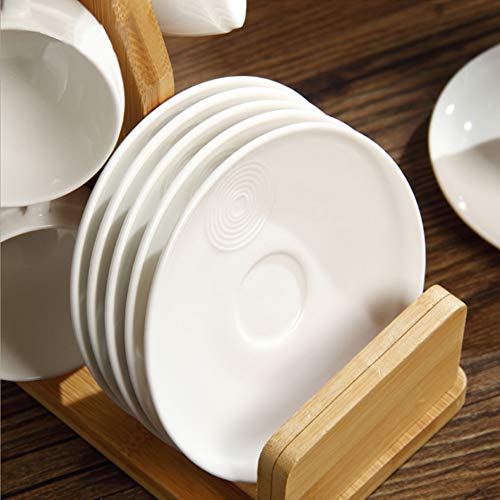 Porcelain Tea Cup Set,Coffee Cups and Saucer with Bamboo Rack(6 Piece Set)