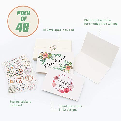 D-FantiX 4x6 Floral Thank You Cards, 12 Design Thank You Notes Bulk Blank Inside for Baby Bridal Shower Wedding Birthday Business Thank You Card with Envelope and Stickers 48Pcs Assorted Pack