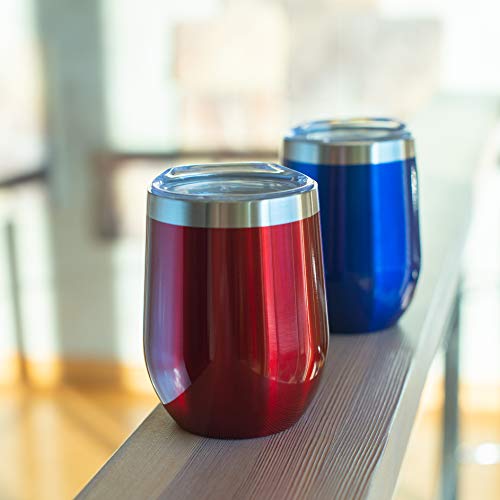 Luckti 12 oz Insulated Stainless Steel Wine Tumbler Cup Double Wall Vacuum Stemless Glass with Lid - 2 pack set: Red & Blue
