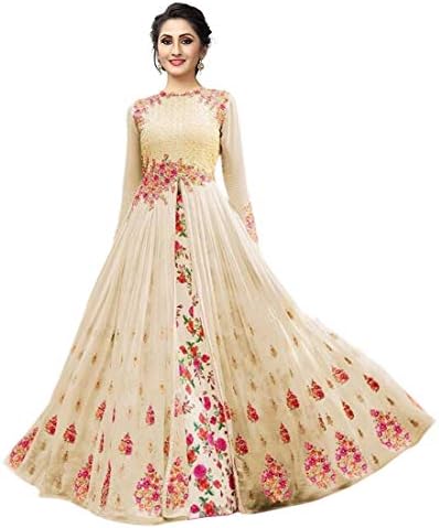 Style Amaze brings Women's Georgette Embroidered with floral print inner Semi Stitched Long party wear Anarkali Gown(Cream Color_501-cream) Free Size