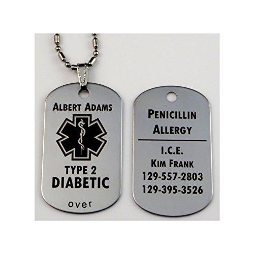 Custom Engraved Polished Stainless Steel Medical Alert ID Tag Pendant Necklace - Free Personalization