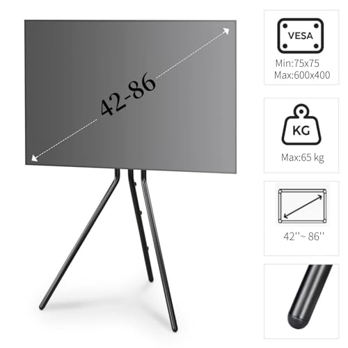Vibando Tripod TV Stand, Modern Easel TV Stand for 42 to 86 inch Screens, Portable TV Floor Stand An , Height Adjustable TV Display Stand ,Suitable for home studio office(Black)