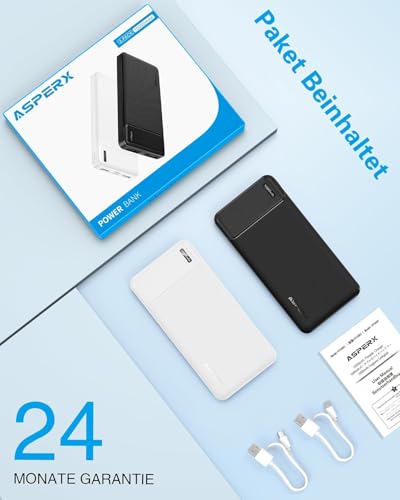 AsperX Power Bank 10000mAh 2 Stück, Slim Klein Aber Stark Externer Handyakkus, USB C Eingang und Ausgang Powerbank, Tragbares Ladegerät mit 4 Ports kompatibel mit iPhone, iPad, Huawei, Tablet 10