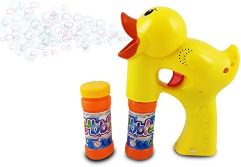 JP Duck Bubble Gun Blaster Toy with LED Lights, Extra Bottle Refill, and 3x AA Batteries Included