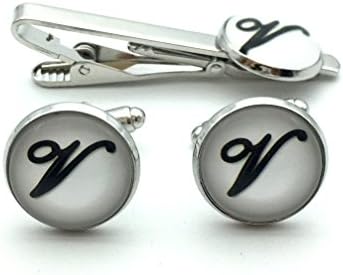Mens' Personalized Letter Set of Cufflinks and Tie Clip Silver Suit Initial Cuff Link with Giftbox White V