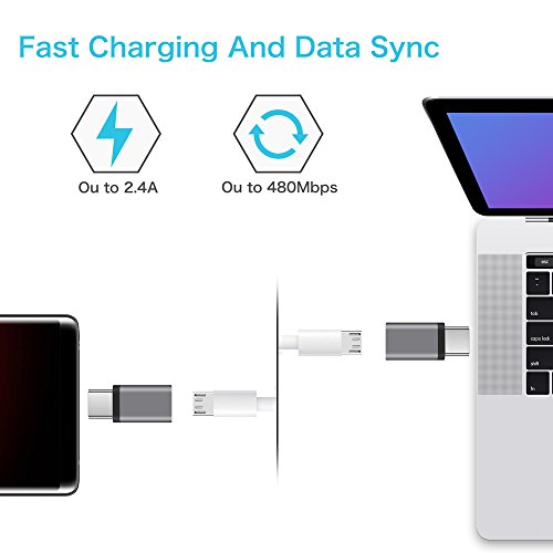 KUXIYAN Micro USB to USB C Adapter, USB Type C Adapter Convert Connector with 56K Resistor, Fast Charging for Samsung Galaxy S9 S8 Plus Note 8, Macbook, LG V30 G5 G6, Moto Z2 Play Nexus More (Gray) - Thumbnail 2