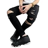 L'asher Men's Slim Fit Zipper Ripped Black Stretch Skinny Casual Pants Trousers