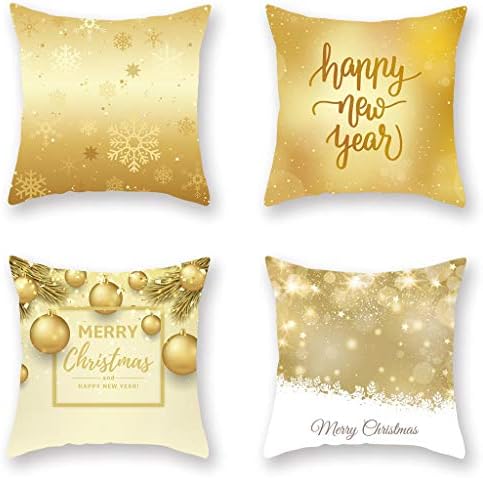 GKanMore 4Pcs Christmas Throw Pillows Covers 18x18 Square Pillow Cases Cushion Covers for Couch, Bed, Sofa, Car (Gold)