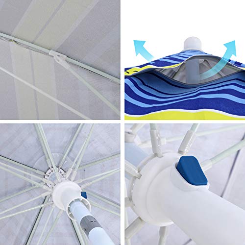 SONGMICS 7 Feet Fiberglass Beach Umbrella, Heavy Duty Outdoor Sports Umbrella, Sun Shade with Tilt Mechanism, Carry Bag - for Beach, Gardens, Balcony and Patio Blue and Yellow Stripes UGPU07UY