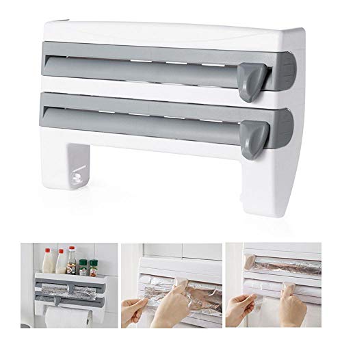 Goglor Wall-Mounted Paper Towel Holder with Shelf Adhesive Wall Mount 4-in-1 Plastic Wrap and Foil Dispenser with Spice Rack Cling Film Holder for Kitchen Shower Bathroom Organizer Storage - Thumbnail 7