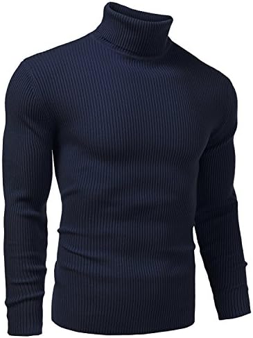 Men Basic Sweater Ribbed Knit Turtleneck Long Sleeve Slim Fit Thermal Pullover Sweater L