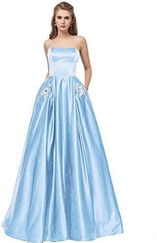 Libaosha Satin Strapless Formal Gowns with Beaded Pockets Lace Up Back Prom Dresses Long