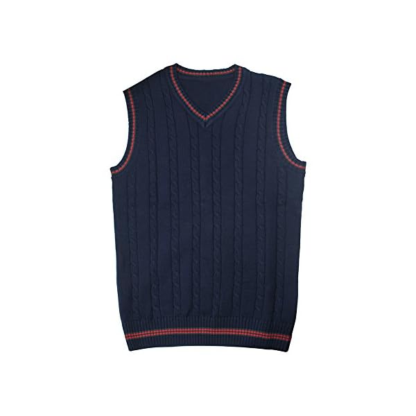 TOPTIE Men's V-Neck Cotton Twist Knit Sweater Vest Green and Red Trim - Image 5