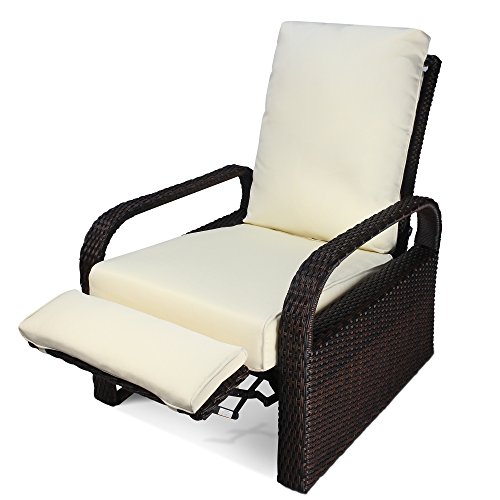 Babylon Outdoor Recliner Wicker Patio Adjustable Recliner Chair with 5.11" Cushions and Ottoman,Rust-Resistant Aluminum Frame,All-Weather Resin Rattan, Brown& Beige