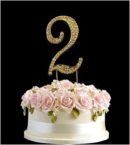 Rhinestone Gold Crystal Birthday Anniversary Cake Topper Number Pick 2nd Diamante Gems Decoration - 2 Gold