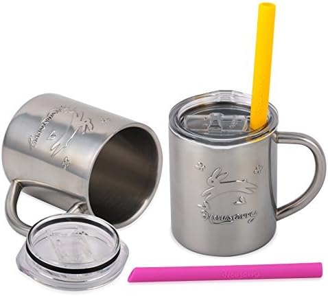 Housavvy Rabbit Stainless Steel Kids Cups with Lids and Straws, 2 PACK