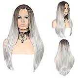 REECHO 24" Environmental Ombre Mixed Colors Not Dyed Synthetic Wig Straight Style for Women 2 Tones Brown & Silver Grey 11 Oz with Wig Comb & Wig Cap