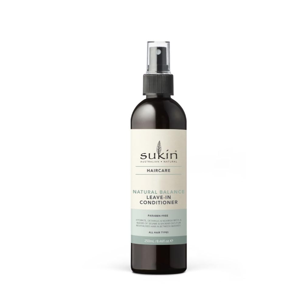 Sukin Natural Balance Leave-In Conditioner 250ml - lightweight, moisturises gently, detangles and tames frizz for healthy shiny hair - with essential Oils; cruelty free & vegan friendly.