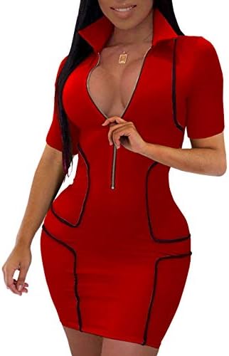YIQ8 Women's Sexy Zipper Front Deep V Neck Bodycon Mini Club Plus Size Dresses