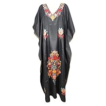 Mogul Interior Womens Caftan Maxi Dress Black Silk Embroidered Kimono Kaftan One Size
