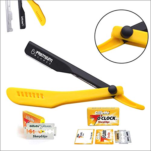 Professional Slide Out Barber Replaceable Blade Straight edge Razor, Durable Yellow Plastic Handle Shavete Razor Best for Fine Shave by ''Premium Blades''