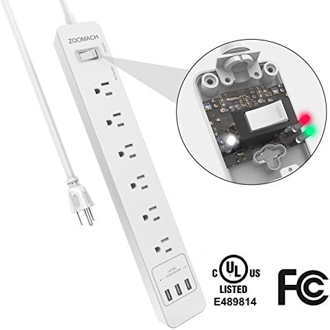 ZOOMACH Surge Protector Power Strip With USB 6-Outlet 2200 Joule 1875W /15A White UL Certified