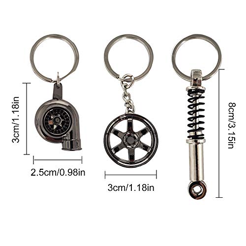 Ispeedytech 3 Auto Part Model Metal Keychain/Key Ring/Holder Set- Wheel Rim Tyre,Spinning Turbo, Spring Shock Absorber Keychain