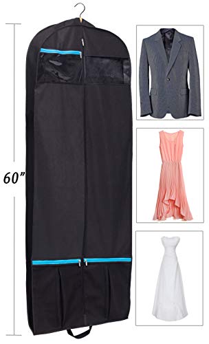 KIMBORA 60" Black Garment Bag Breathable Travel Storage with 2 Large Mesh Pockets and Carry Handles for Suits, Dresses, Coats, Tuxedos Cover (Pack of 2)