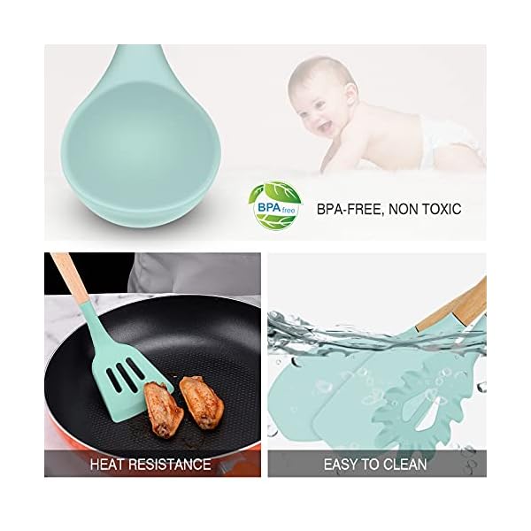 Kitchen-Utensils-Set-9-Pcs-Non-Stick-Silicone-Cooking-Kitchen-Utensils-Spatula-Set-with-Holder-Wooden-Handle-Heat-Resistant-Silicone-Kitchen-Gadgets-Utensil-Set-Green Silicone Kitchen Utensil Set, 9 Pcs Non-Stick Cooking Kitchen Utensils Spatula Set with Holder, Wooden Handle Heat…