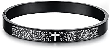 Mintik Religious Cross Bangle Stainless Steel Women Spanish Bible Lord's Prayer Cross Cuff Bracelet