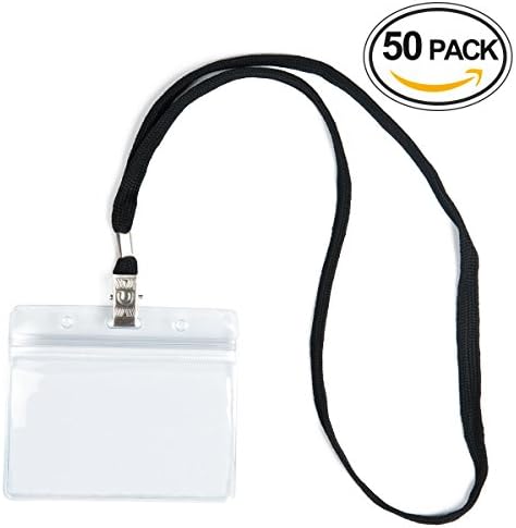 XGpie 3.7X2.5 Inch Waterproof Type Top Quality Clear Plastic ID Holder and 50 Pcs Black Lanyard, Horizontal Name Tag Badge for School Office