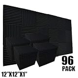 96 Pack Allxinlog Absorb the echo Acoustic Foam Panel Wedge Studio Soundproofing Wall Tiles 12" X 12" X 1" (96-BLACK)