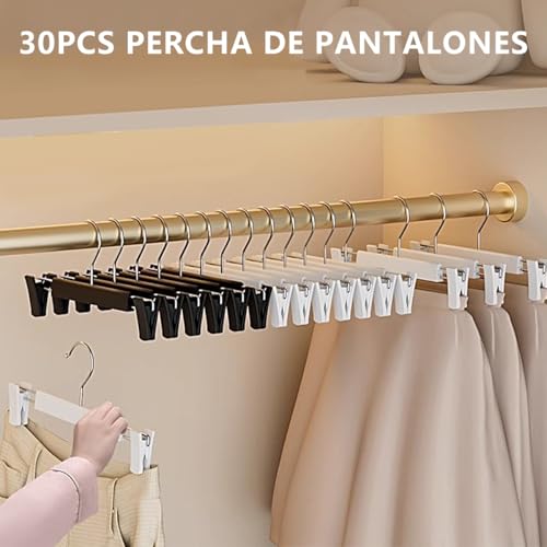 MXHIGO 30Pcs Ganchos para Pantalones con Pinzas de Alta Resistencia, Perchas de Plástico PP para Ropa Jeans y Falda, Antideslizantes, Ajustables, Ligero y Duradera, Ganchos Metalicos Giratorio 360°